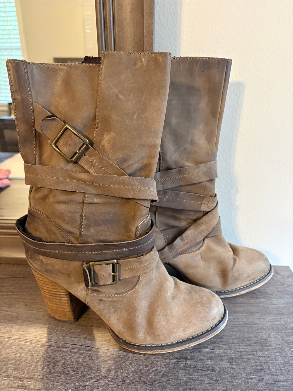 Women's Aldo Taupe Mid-Calf Heeled Buckle Boots